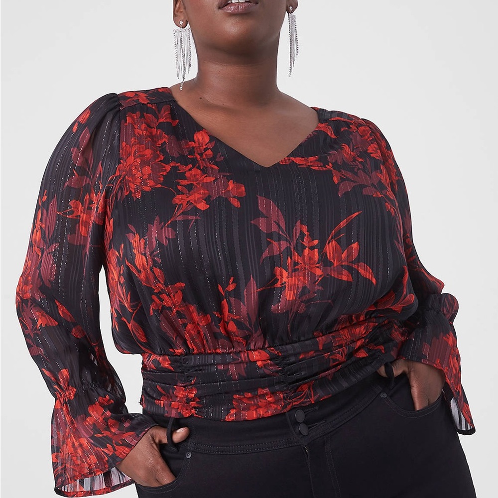 PLUS Lane Bryant NEW Classic Sheer Long-Sleeve Floral Metallic Crop Blouse 20